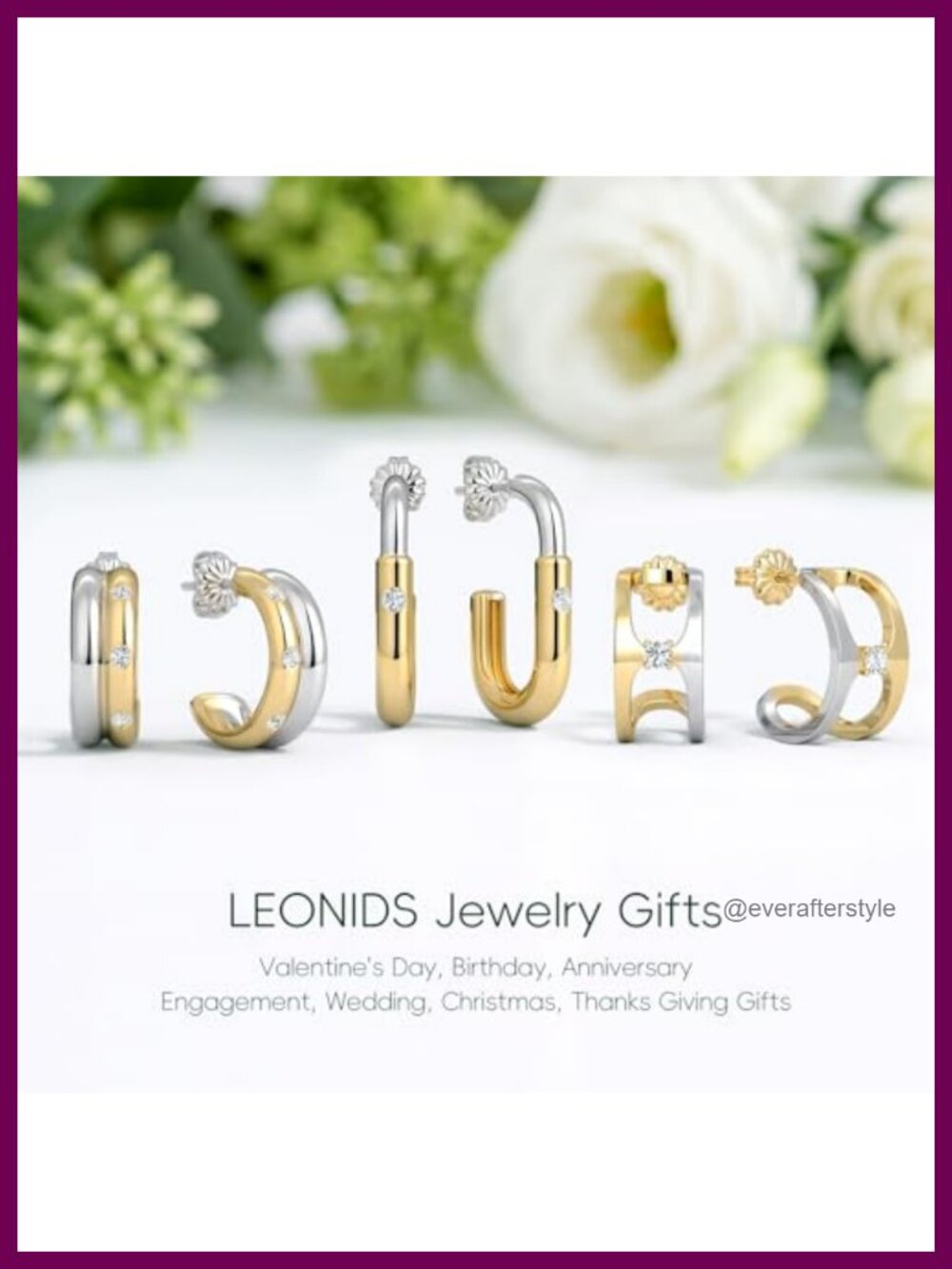 Two Tone Moissanite Hoop Earrings 14k Gold & White Gold Plated Hypoallergenic - Picture 3 of 5